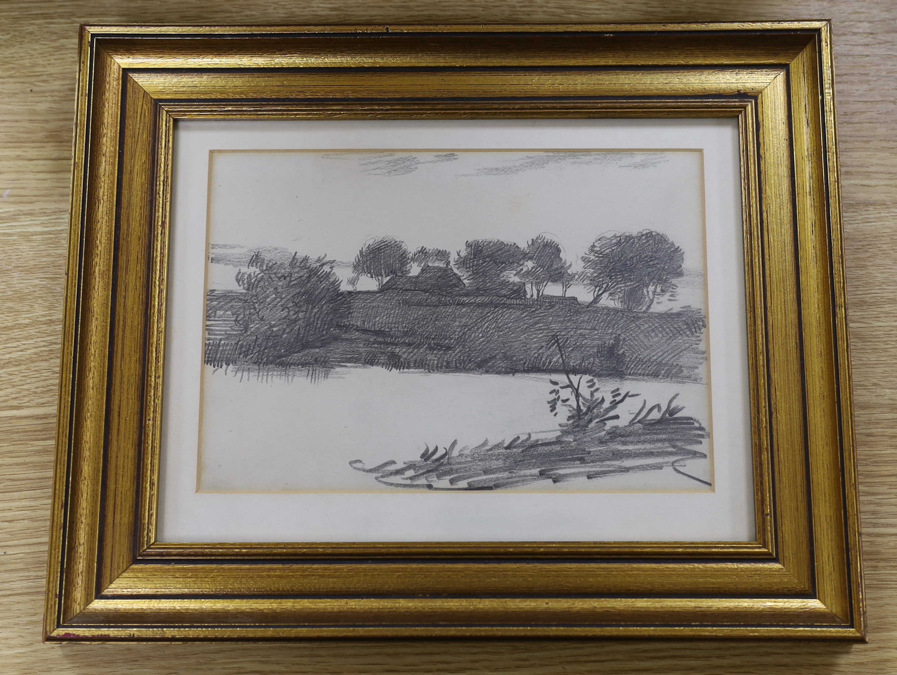 William Strang (Scottish 1859–1921) pencil, River landscape with trees and cottage, details verso, 24cm x 16cm